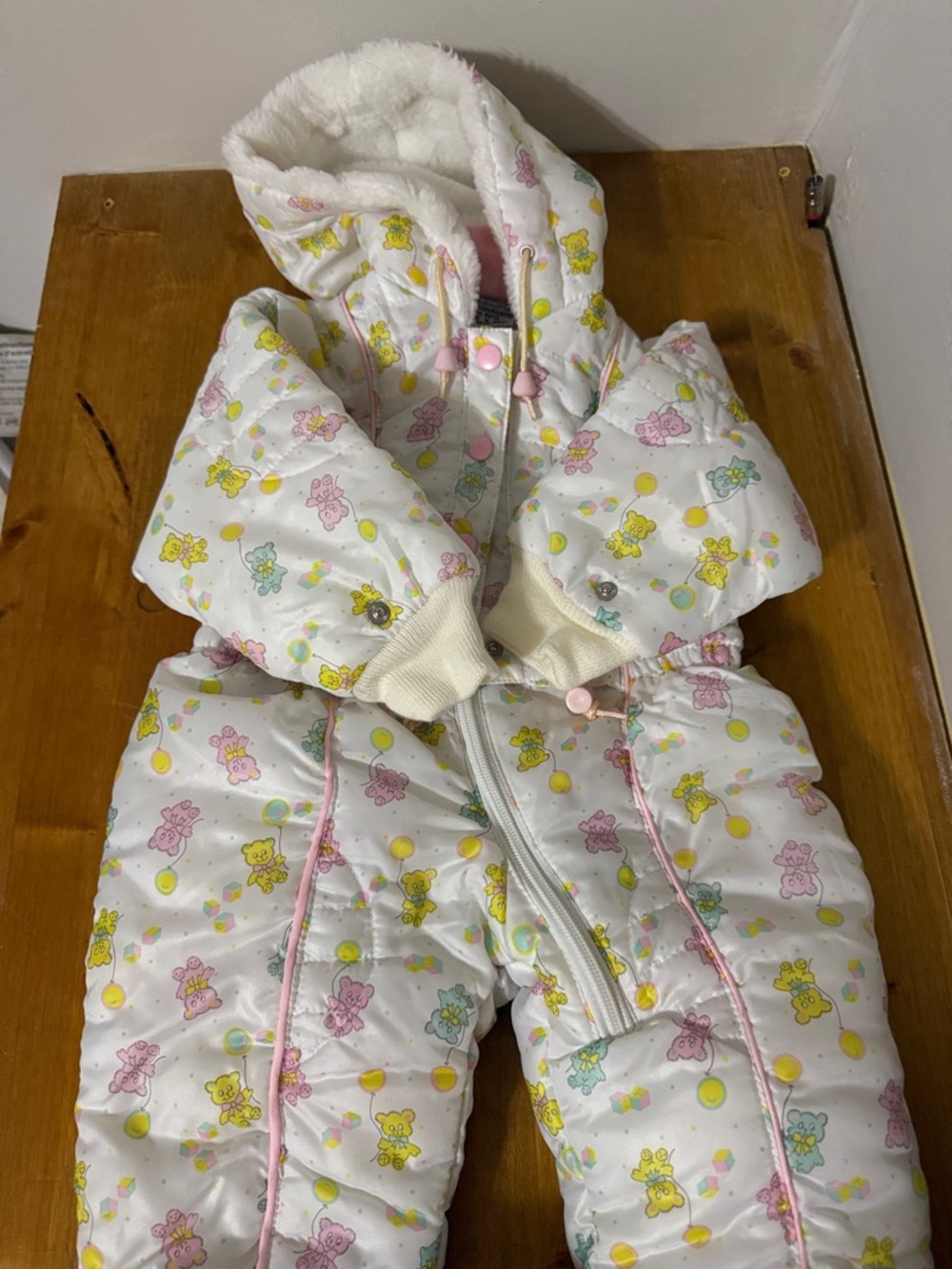 White Baby Snowsuit with Pastel Teddy Bear Print